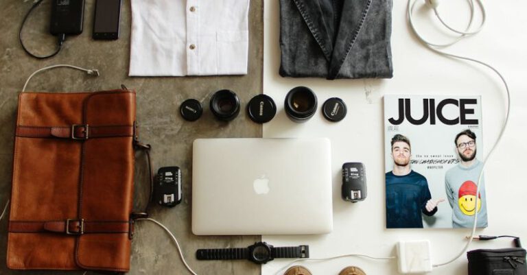 Packing - Brown Leather Bag, Clothes, and Macbook